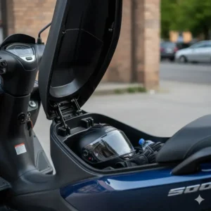 Photo showing the spacious underseat storage compartment of a 150cc street legal scooter, easily holding a helmet.