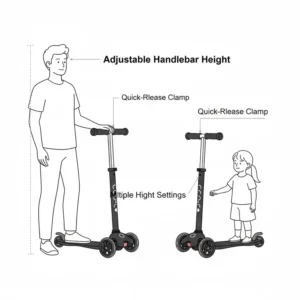 Image showing the adjustable handlebar height feature of the 3 wheel scooter foldable, suitable for a child or a tall adult.