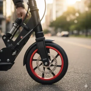 Detail of the responsive hand brake system on a high-end best adult push scooter model.
