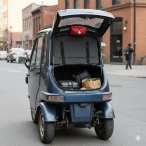 Close-up of the accessible storage space or trunk of the 3 wheel enclosed motorcycle for sale, demonstrating cargo capacity.
