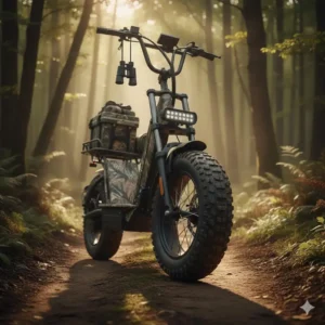 Fat tires with deep tread and strong front suspension designed for stable navigation on an electric hunting scooter over rough terrain.