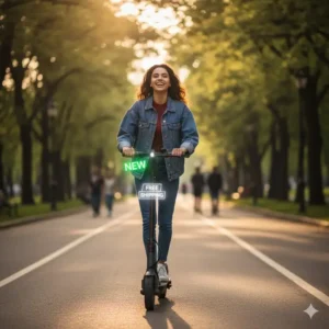 A happy customer riding their brand-new scooter free shipping deal.