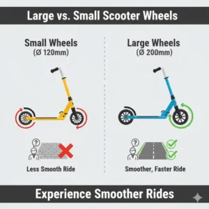 Comparison graphic showing the difference between small and large wheel regular scooters for smoother rides.