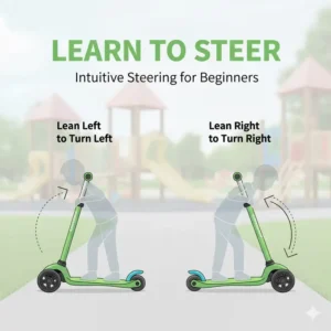 A graphic illustrating the "lean to steer" mechanism, a key feature in beginner 3 wheel scooters for 5 year olds.