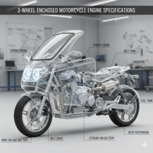 Diagram or view of the engine and mechanical components of the 3 wheel enclosed motorcycle for sale, related to performance specifications.