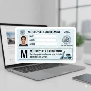 Image of a driver's license indicating the motorcycle endorsement required to legally ride a 150cc street legal scooter.