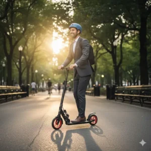 Professional riding a durable commuter adult push scooter through an urban park.