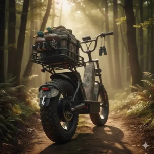 Rear cargo rack and towing hitch on a specialized electric hunting scooter for transporting gear, decoys, or game.