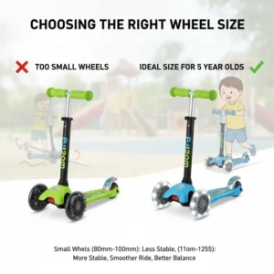 Comparison view of different scooter wheel sizes, emphasizing the ideal size for a stable 3 wheel scooters for 5 year olds.