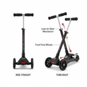 Diagram demonstrating the stable lean-to-steer function of the front wheels on the 3 wheel scooter foldable for improved balance and safety.