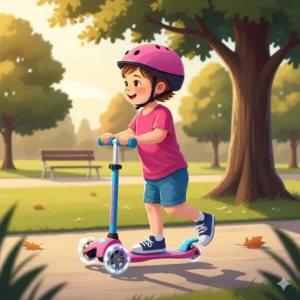 A child confidently cruising on a pink 3 wheel scooter for 2 year old on a smooth sidewalk, improving their balance and coordination.