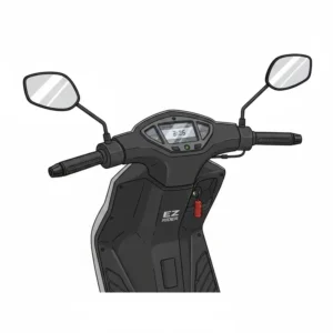 The simple, intuitive control panel and handlebars of the ez rider scooter, showing the display and throttle.