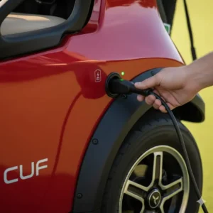 Charging port and battery location for the long-lasting power of the 3-wheel electric golf buggy.