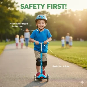 A 5-year-old wearing a helmet and knee pads while riding their blue 3 wheel scooters for 5 year olds safely on a paved path.