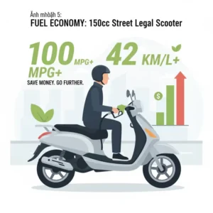 An illustration highlighting the excellent fuel economy (MPG) achieved by a modern 150cc street legal scooter.