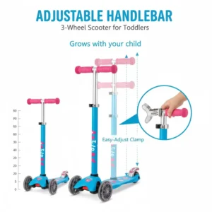 Image showing the adjustable T-bar handlebar on a 3 wheel scooter for 2 year old that adjusts to their height.