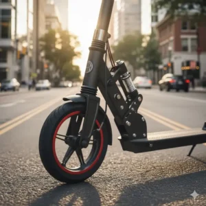 Detailed view of the dual suspension system on an adult push scooter for shock absorption.