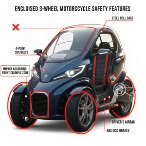 Graphic illustrating key safety features (e.g., seatbelts, roll cage) of the 3 wheel enclosed motorcycle for sale.