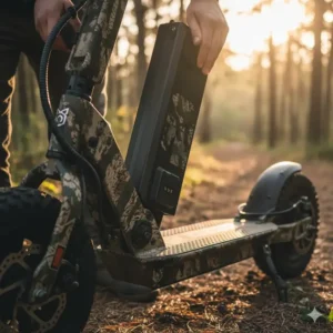 Detailed view of the removable, long-range battery pack for the electric hunting scooter, emphasizing its quick-swap design.
