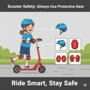 Image showing a child wearing a helmet and pads while riding a regular scooter, illustrating safety gear.