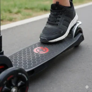 Detailed shot of the wide, anti-slip deck of the 3 wheel scooter foldable, providing extra foot room and stability for the rider.