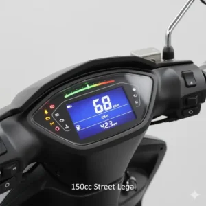 Clear photo of the modern digital dashboard and gauges on a new 150cc street legal scooter.