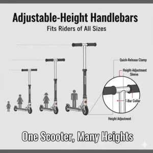 Diagram showing three height settings on the adjustable handlebars of a regular scooter to fit different riders.