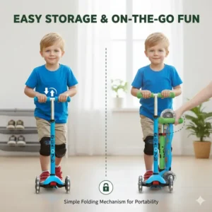 Photo of a compact, foldable 3 wheel scooters for 5 year olds, showing how easily it can be stored or carried after use.