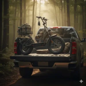 Image demonstrating the folding mechanism of the electric hunting scooter for easy storage and transportation in a truck bed.