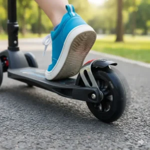 Close-up of the reliable rear foot brake on the 3 wheel scooter foldable, essential for safe and quick stopping.
