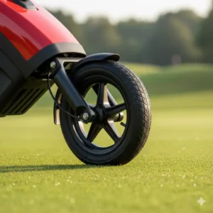 Sleek red model of the efficient 3-wheel electric golf buggy shown from the side.