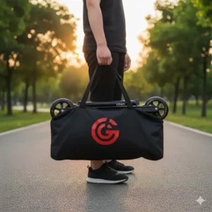 Image of the 3 wheel scooter foldable stored inside its optional carrying bag with a shoulder strap for easy transportation.