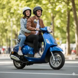 Two people comfortably riding a powerful 150cc street legal scooter, demonstrating the two-up passenger capacity.
