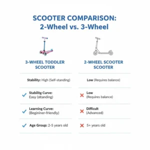Chart comparing the stability and ease of use of a 3 wheel scooter for 2 year old children versus a standard 2-wheel model.