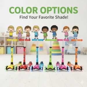 A lineup of brightly colored 3 wheel scooters for 5 year olds to illustrate the variety of available options.