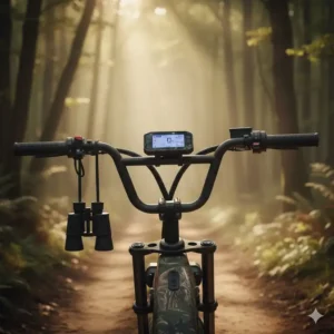Shot of the handlebars showing the digital display, throttle control, and integrated LED hunting lights on the electric hunting scooter.