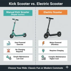 Comparison chart of a manual kick scooter (a regular scooter) and an electric scooter, highlighting key differences.