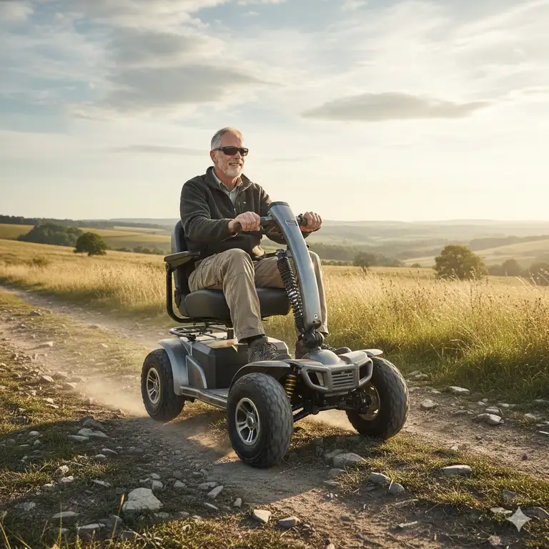 Best all terrain mobility scooters driving effortlessly over a rough dirt trail with large, puncture-proof tires.