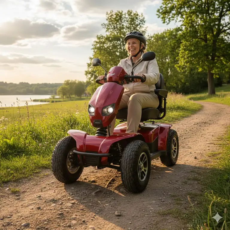 A happy user rides a red all terrain disability scooter on a rough, packed dirt trail, showcasing its outdoor capability and stability.