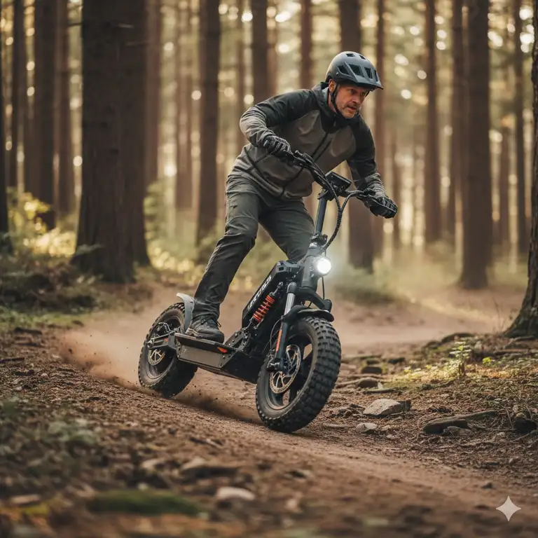 An adult riding a high-performance all terrain scooter for adults on a dirt trail, highlighting its large wheels and robust suspension.