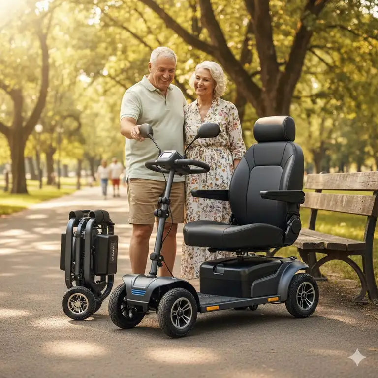 A premium foldable mobility scooter for heavy adults parked in a sunny park with a sturdy frame and comfortable seating.