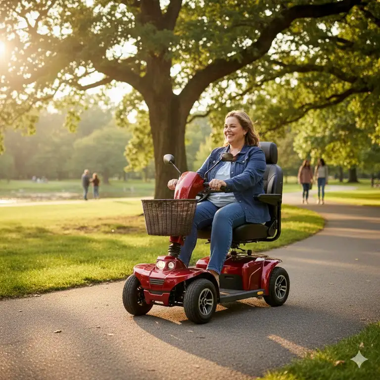 A person riding a red bariatric scooter on a park path during sunset.
