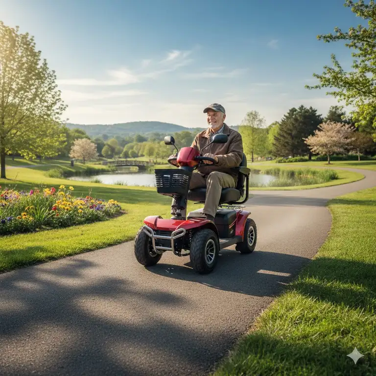 A high-weight capacity heavy duty mobility scooter driving on a paved park path.