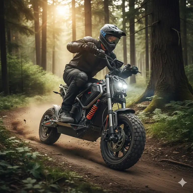 A powerful off road e scooter with dual suspension and knobby tires riding down a challenging dirt trail in a forest.