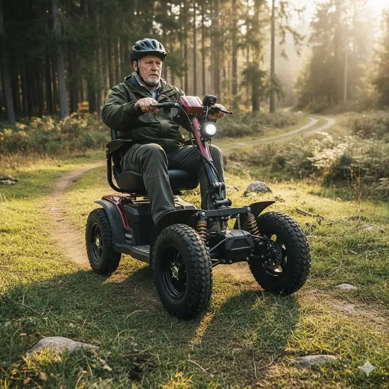 A rugged, 4-wheel off road mobility scooters navigating a grassy, uneven trail, showcasing its large tires and high ground clearance for all-terrain performance.