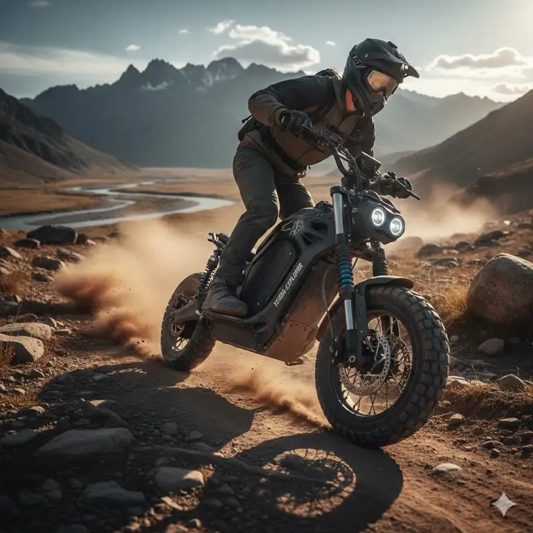 A photograph of a rugged scooter tackling a challenging dirt trail, highlighting its durable build and off-road capability.