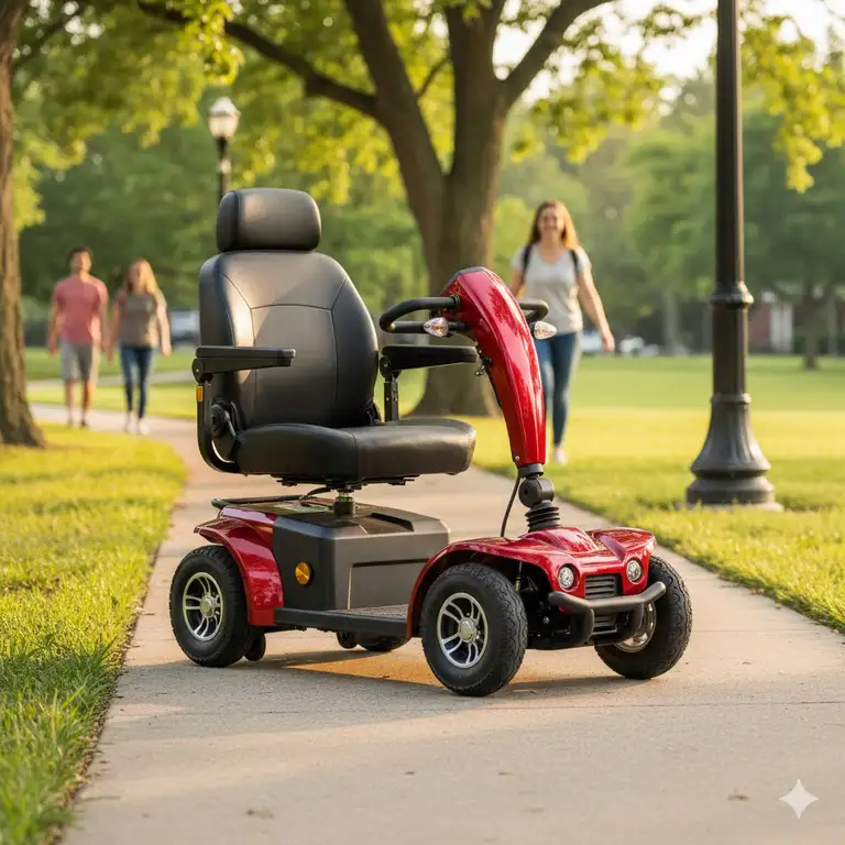A red heavy-duty mobility scooter 450 lb capacity parked on a paved outdoor path.