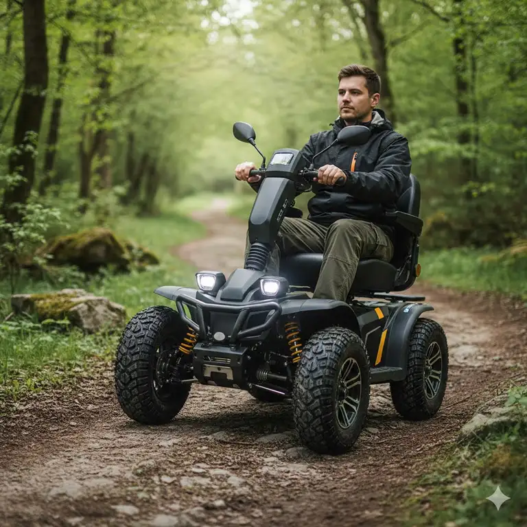 A rugged, four-wheel all terrain mobility scooter for adults navigating a muddy, off-road trail in a forest.