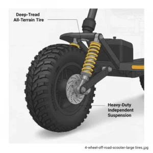 Close-up view of a heavy-duty, 4-wheel off road mobility scooters, highlighting the aggressive tread pattern on its large tires and robust suspension system.