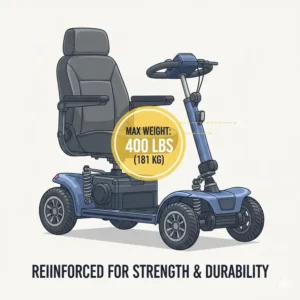 Technical diagram showing the high weight capacity of this foldable mobility scooter for heavy adults with reinforced steel support.
